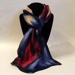 Hand Painted Silk Scarf Beet Red Blueberry Tan Ladies Oblong Hair Neck New Gift